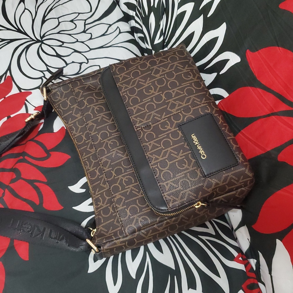 Calvin Klein Lorelai Black and Brown Monogram Messenger Crossbody Bag